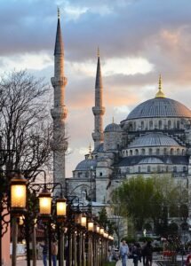 mosque, minarets, street lamps, street, architecture, istanbul, islam, turkey, nature, sunset, city