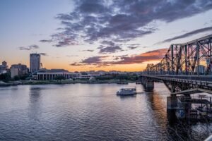 bridge, nature, river, boat, buildings, city, coast, alexandria bridge, sunset, canada, ottawa, water, sky, québec
