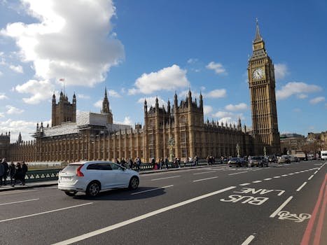 View of Big Ben and the Palace of Westminster with traffic and pedestrians on a sunny day in London.